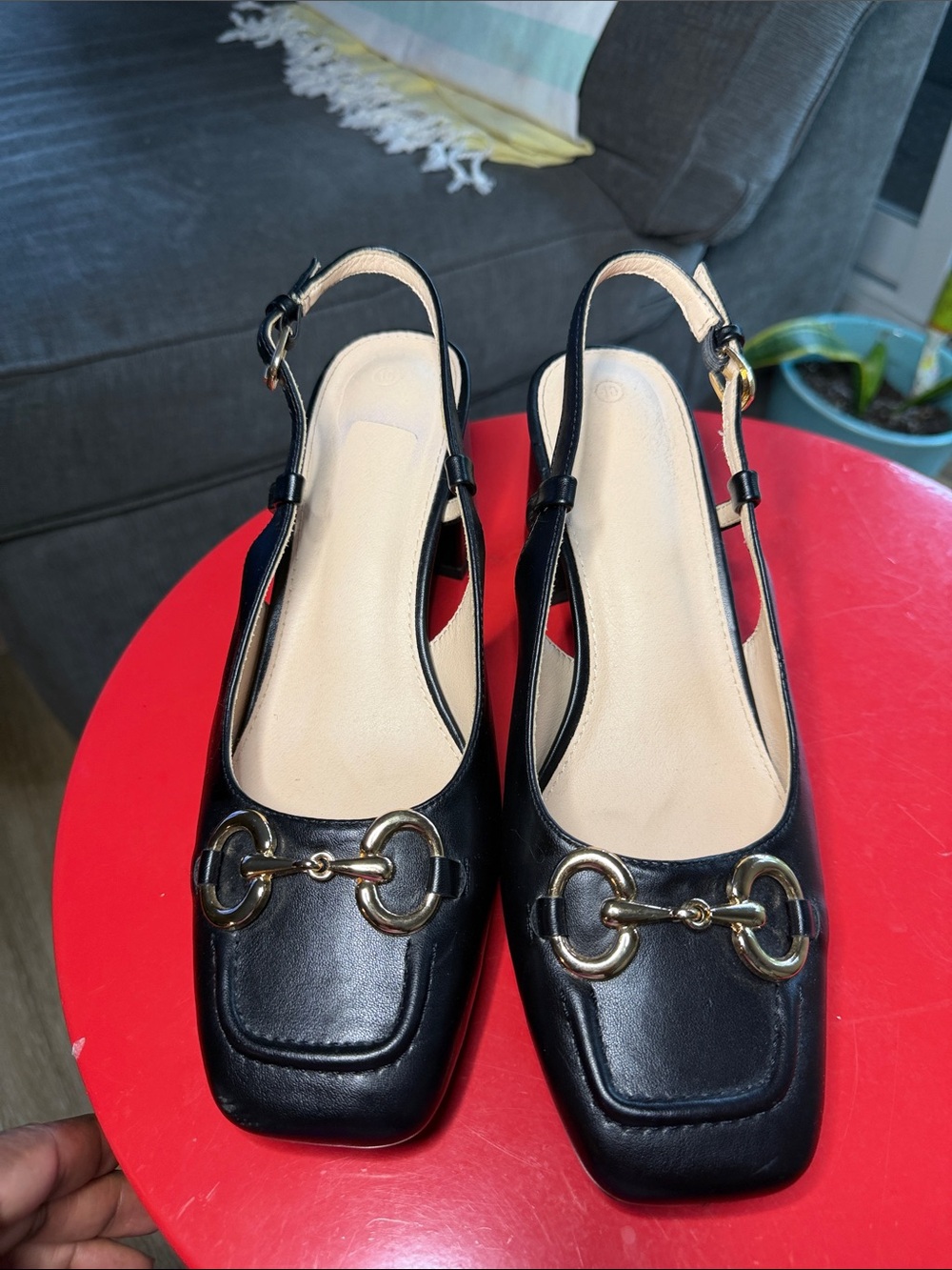 Black Leather Slingback Loafers with Gold Horsebit Size 10